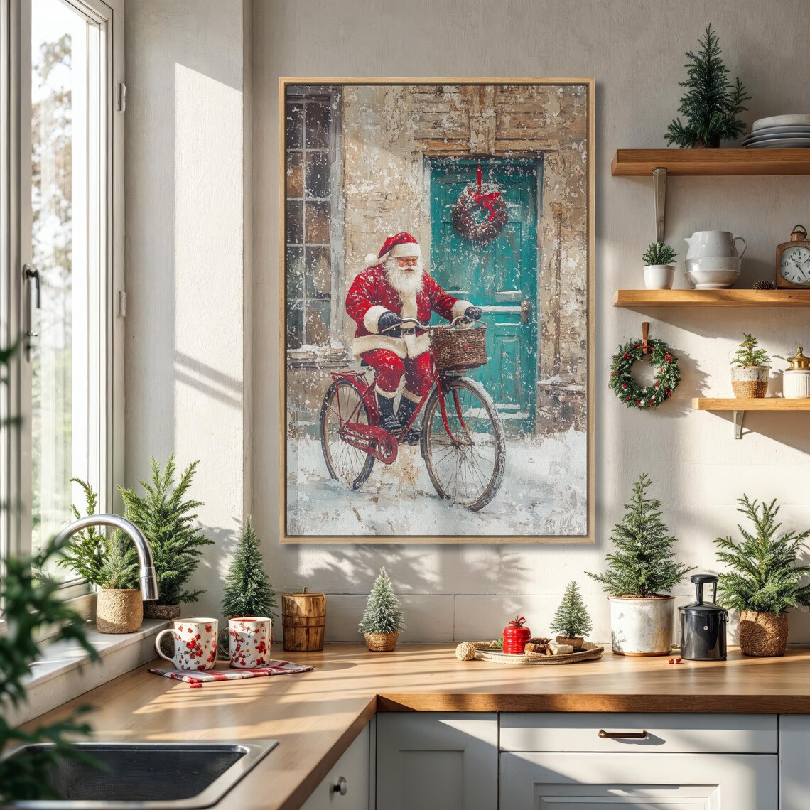 Santa Claus Riding Bicycle In Snowy Street Christmas Wall Art