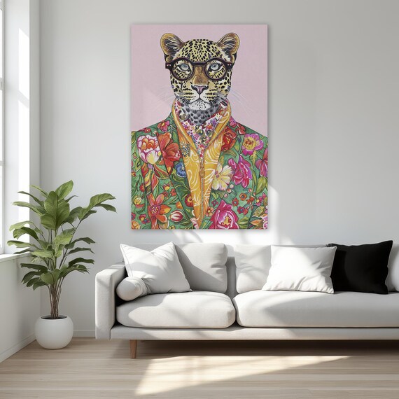 Fashion Leopard In Floral Suit Abstract Framed Canvas Print Quirky Animal Glasses Art Fancy Wildlife Wall Decor Ready To Hang