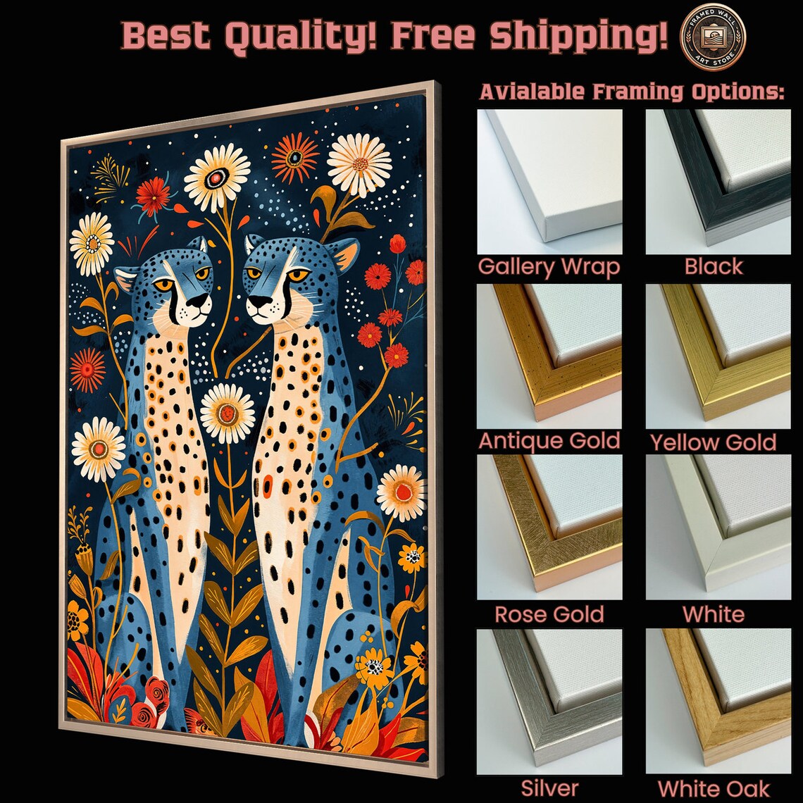 Whimsical Blue Cheetah Floral Wall Art Print - Image 5