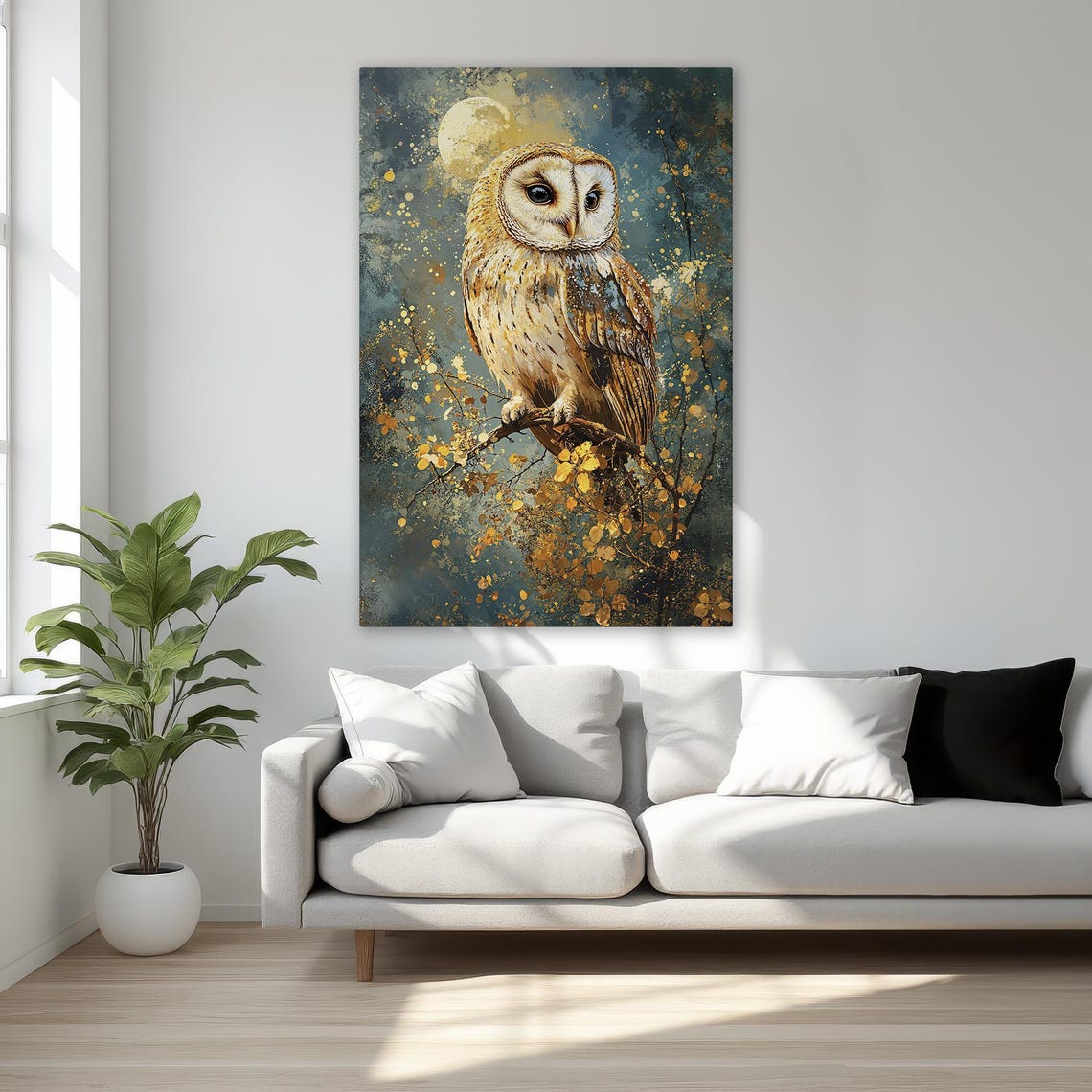Barn Owl Perched Under Full Moon in Night Forest Canvas Poster