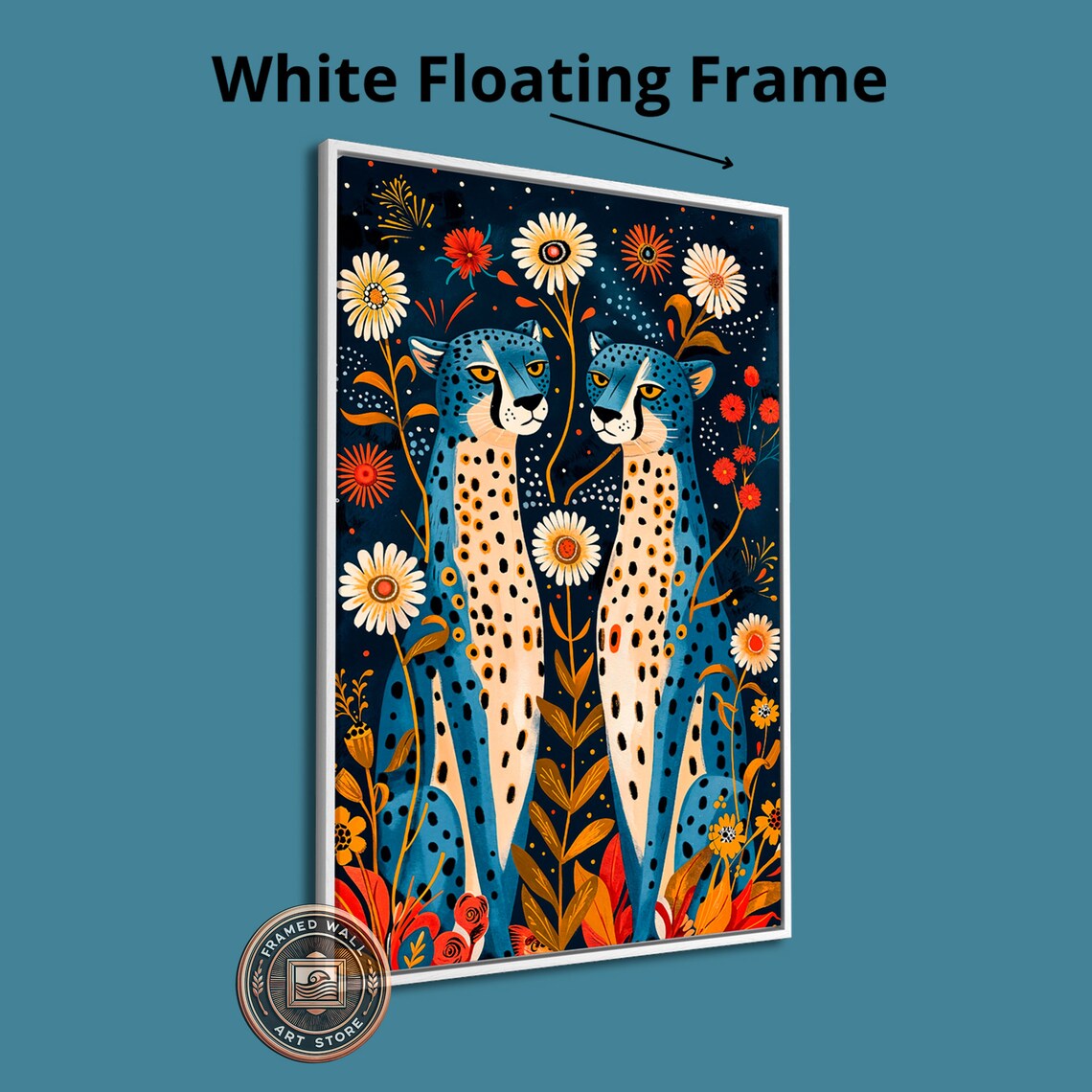 Whimsical Blue Cheetah Floral Wall Art Print - Image 3