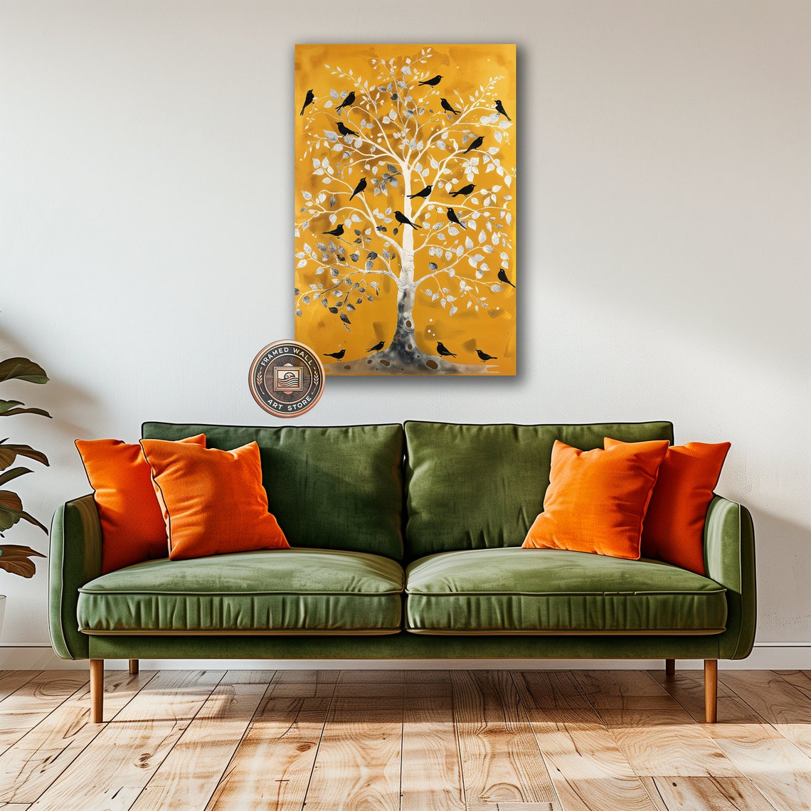 Black Birds Golden Tree Silver Leaves Minimalist Nature Art Poster - Image 5