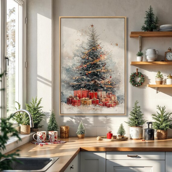 Traditional Christmas Tree With Red and Gold Gifts Watercolor Poster