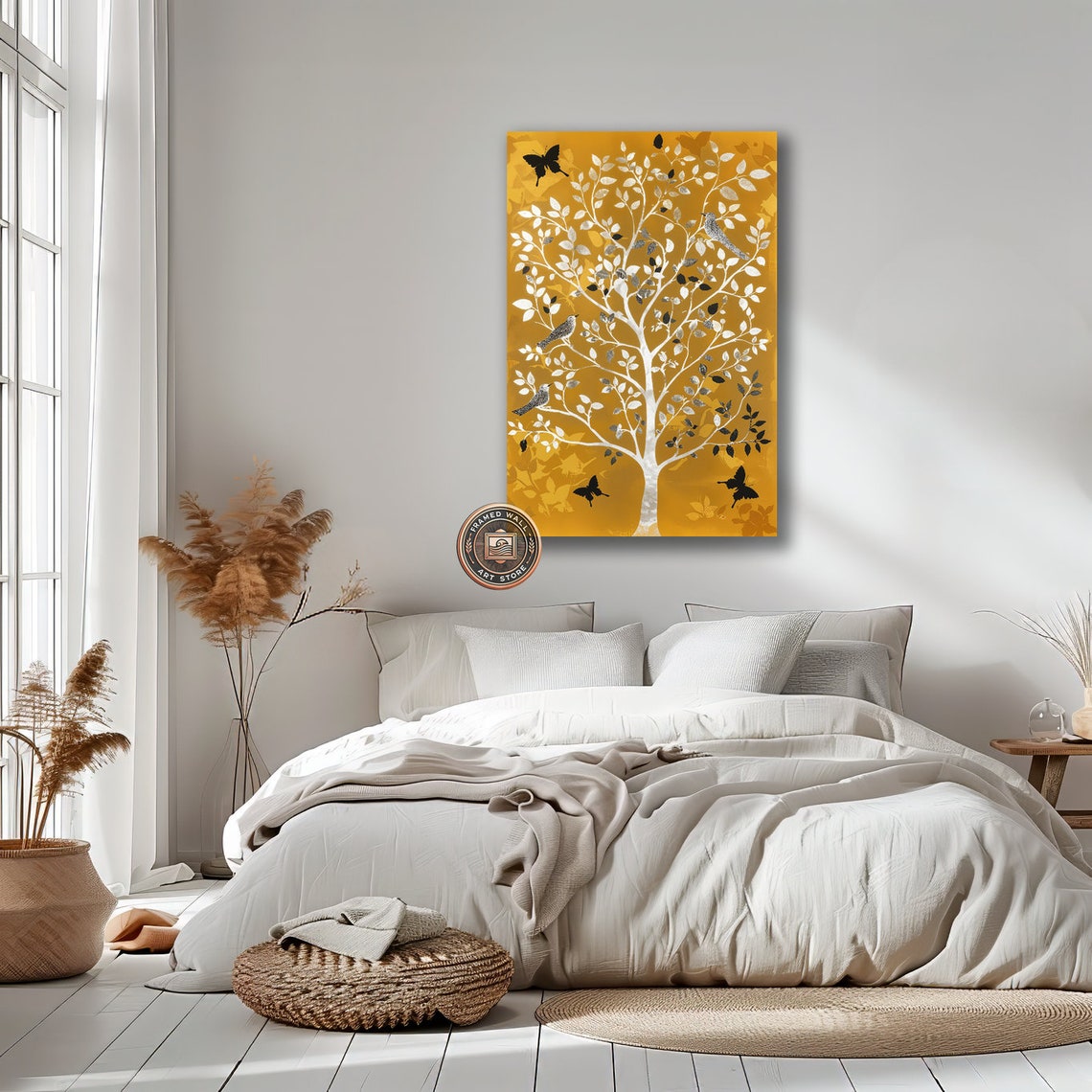 White Tree Black Butterflies Birds Golden Background Nature Art Poster - Image 2