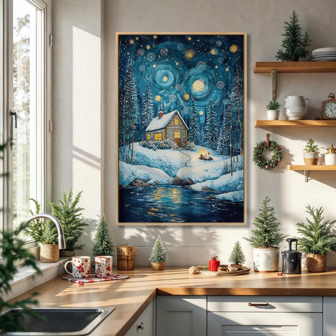 Winter Night Snowy Cabin Under Starry Sky Christmas Painting Poster