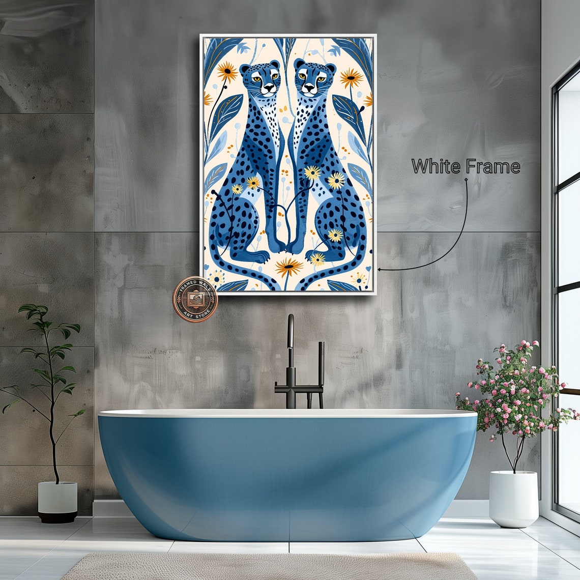Two Blue Cheetahs Sitting Botanical Illustration Animal Art Poster - Image 2