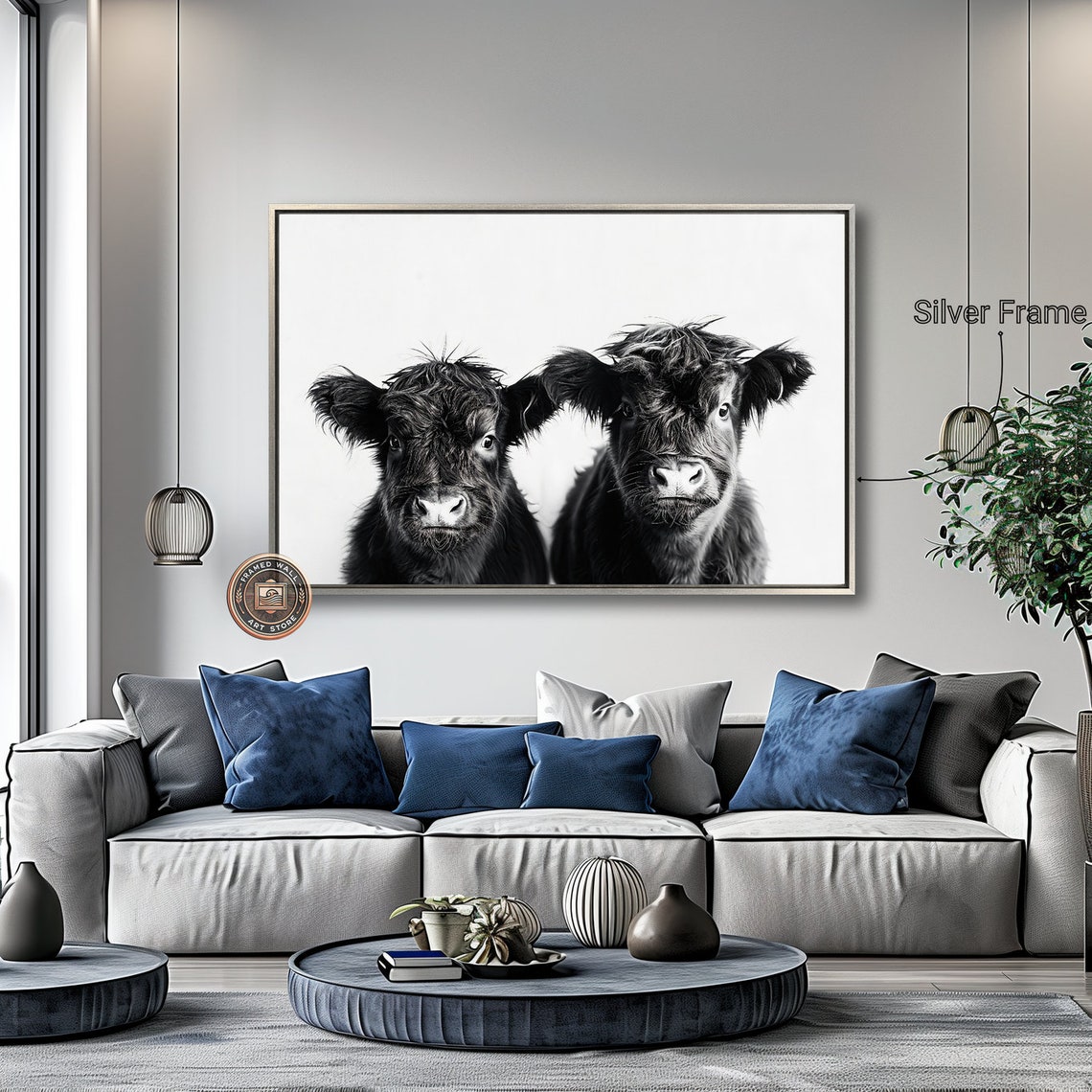 Black And White Highland Cattle Framed Print Cute Calf Wall Art Bovine Photography Print Rustic Charm Decor Ready To Hang - Image 2
