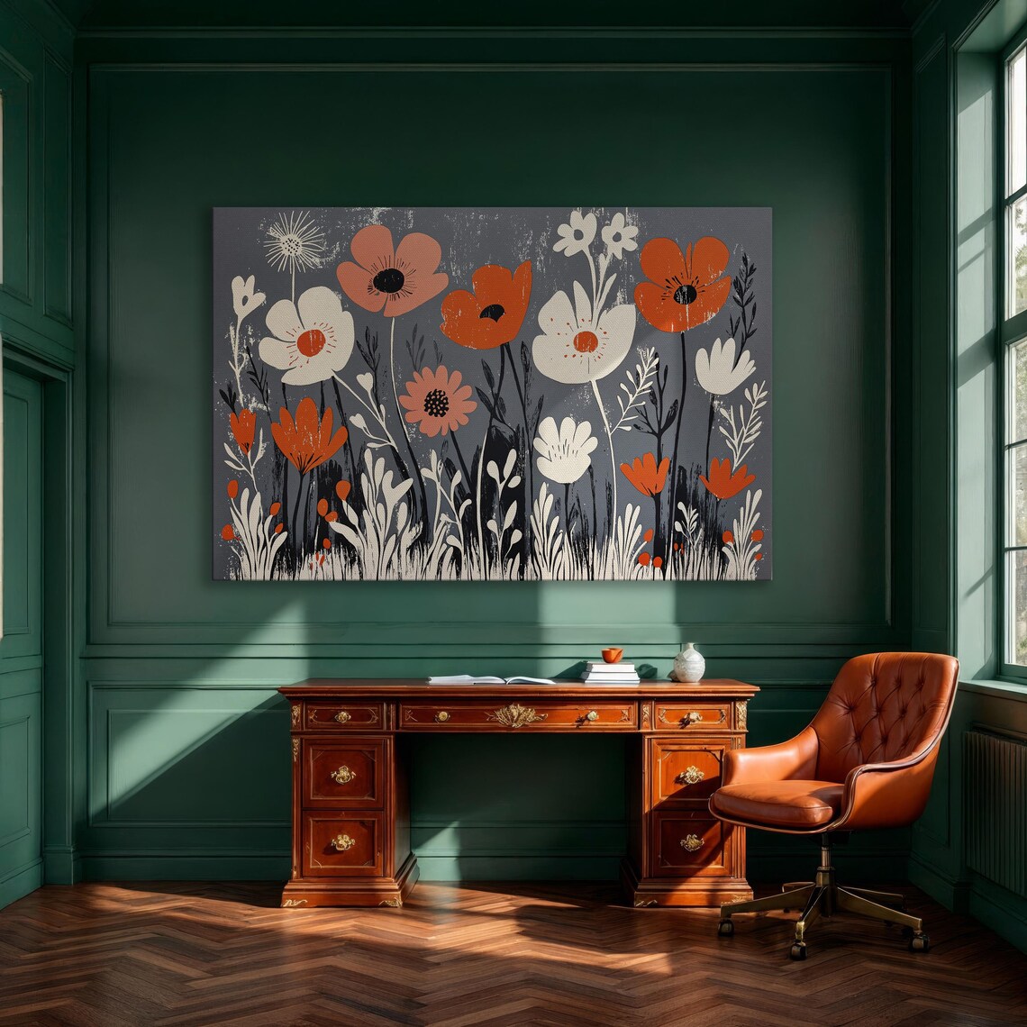Wildflower Poppy Garden Poster In Orange White On Charcoal Gray