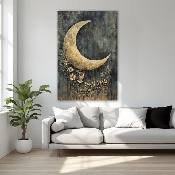 Golden Crescent Moon With Flowers Framed Canvas Print Mystical Night Wall Art Celestial And Lunar Decor Ready To Hang