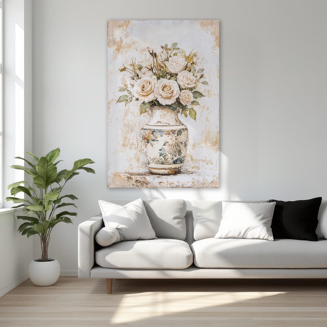 White Roses in Antique Vase Vintage Botanical Still Life Canvas Print