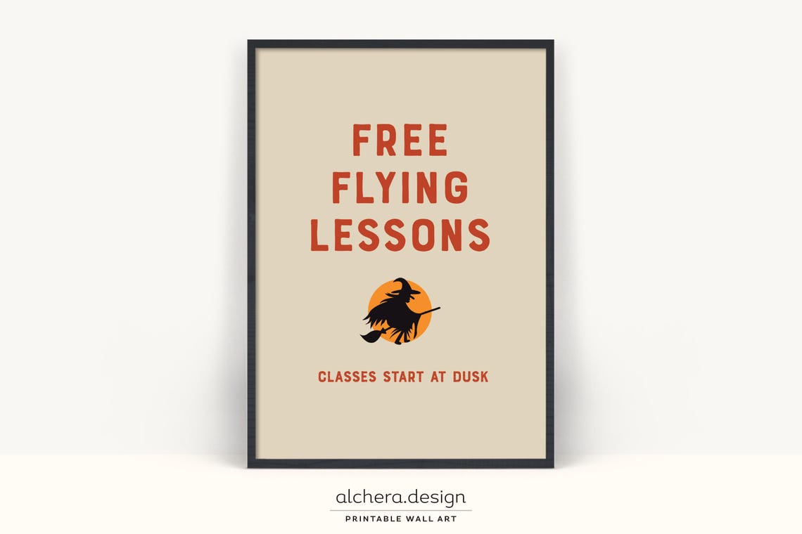 Free Flying Lessons Funny Witch Broom Halloween Sign Art Poster