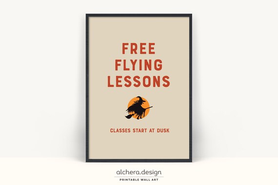 Free Flying Lessons Funny Witch Broom Halloween Sign Art Poster