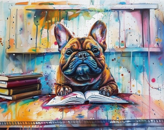 French Bulldog Reading At Desk With Stacked Books Splash Dog Poster