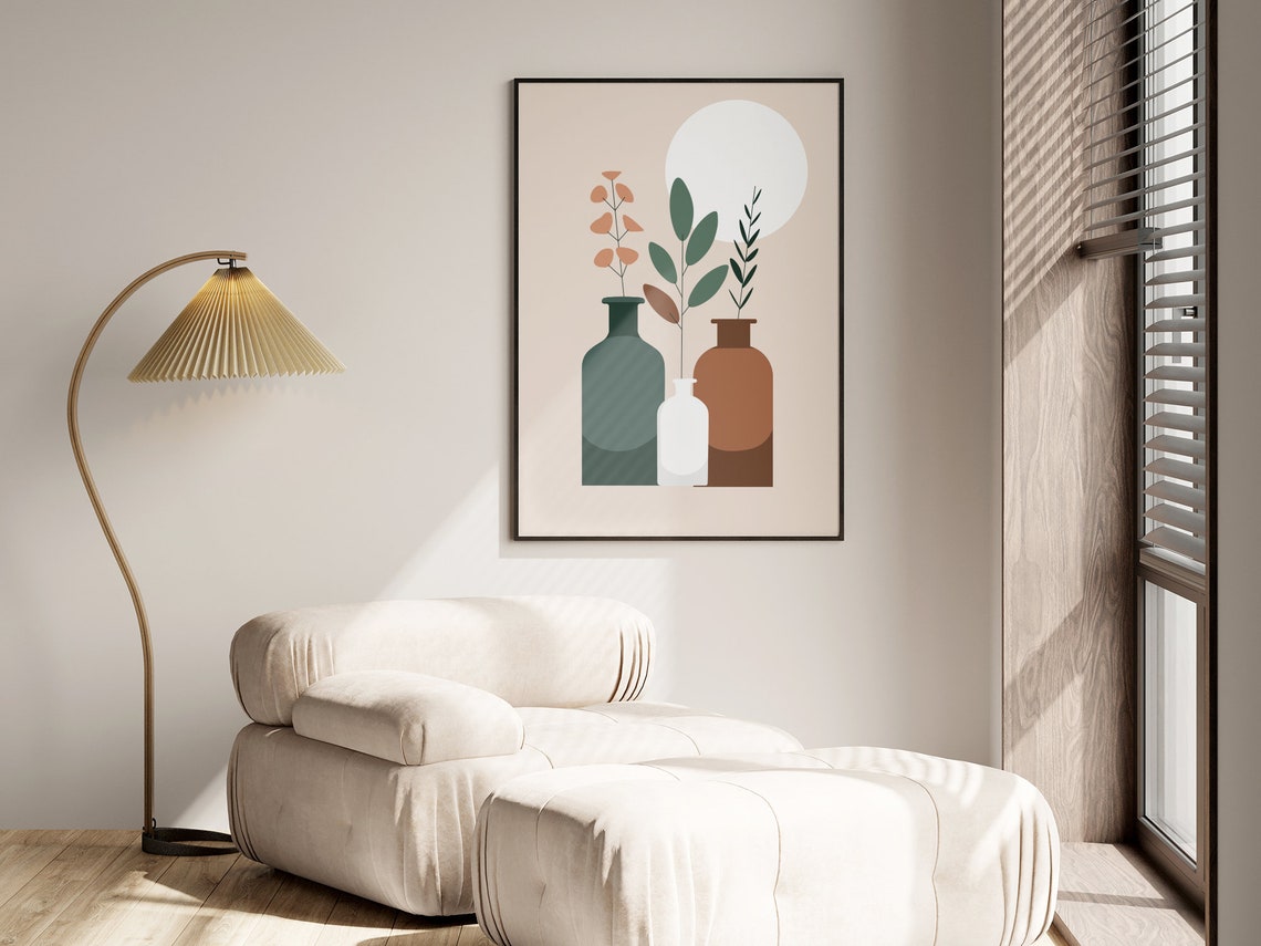 Boho Botanical Vases Mid Century Modern Terracotta Beige Poster