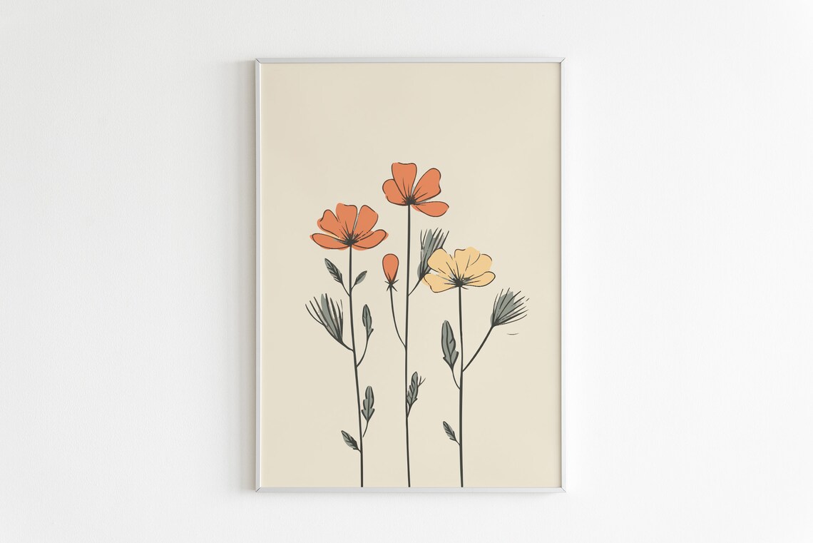 Minimalist Wildflowers Coral Yellow Simple Botanical Line Poster - Image 2