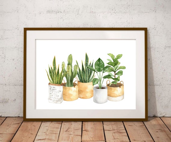 Watercolor Houseplant Painting Leaf Indoor Plant Poster Botanical Print Terracotta Pot Home Decor Whimsical Unique