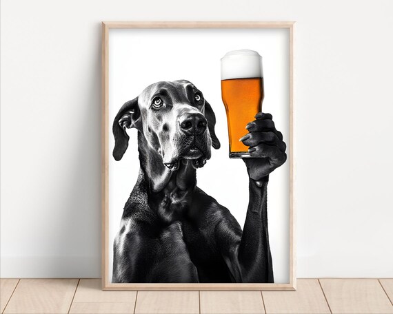 Great Dane Dog Drinking Beer Poster Or Canvas Lover Decor Alcohol Humor Funny Kitchen Wall Art Owner Gift Home Bar Print