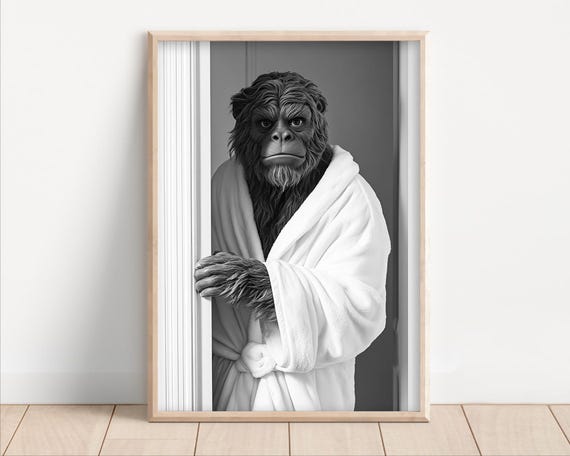 Sasquatch Wearing A Bathrobe Poster Canvas Funny Bathroom Wall Art Cute Animals In Kids Laundry Room Decor Bigfoot Print