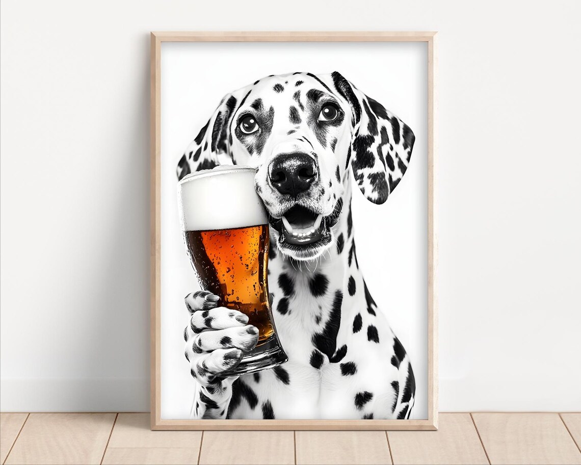 Dalmatian Dog Holding Beer Glass Funny Black White Bar Poster