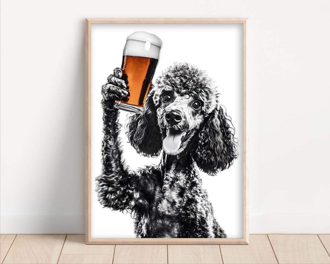 Funny Happy Poodle Raising Frothy Beer Glass In Toast Poster