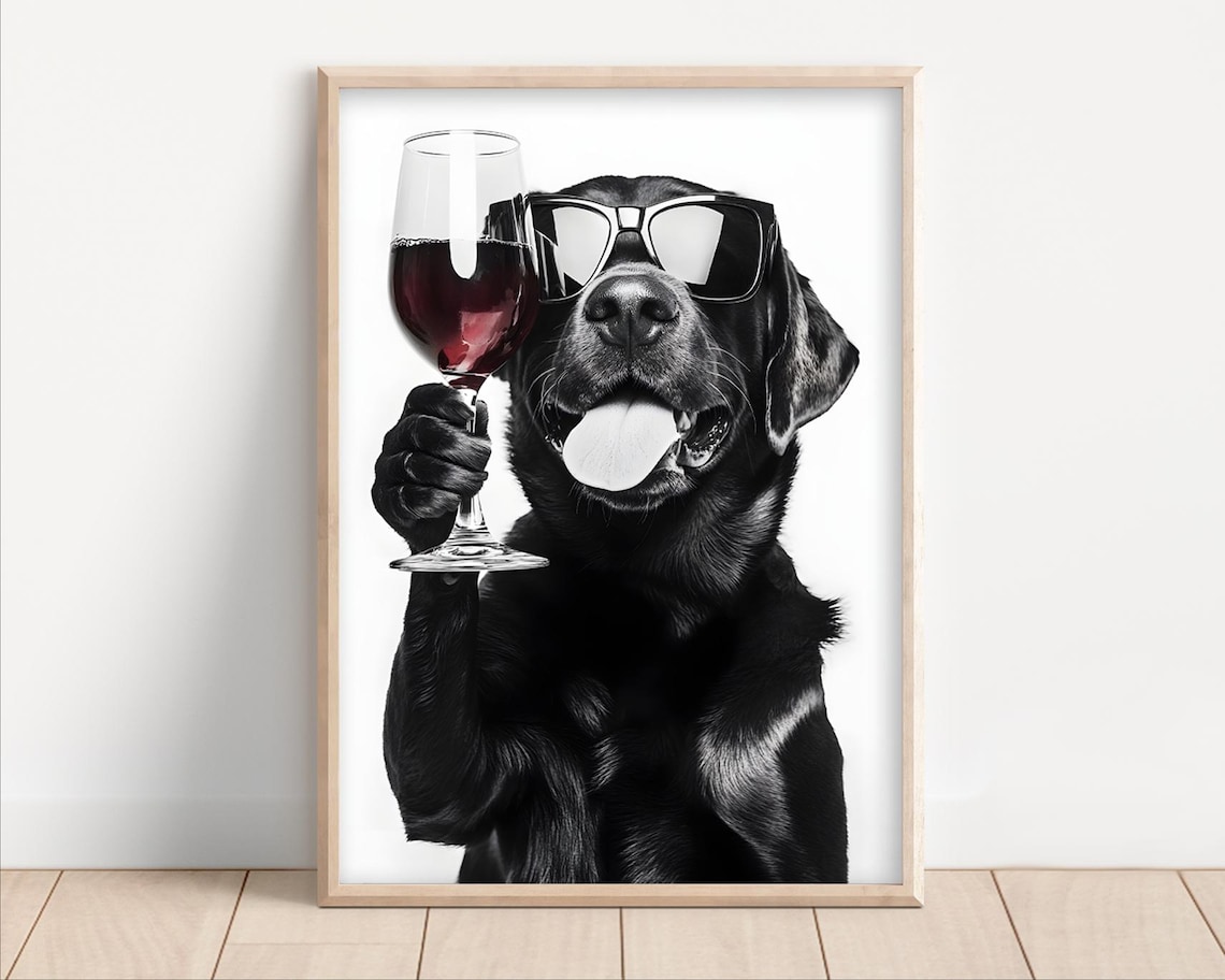 Cool Labrador in Sunglasses Holding Red Wine Glass Funny Poster
