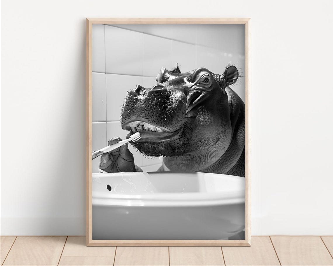 Hippo Brushing Teeth Funny Bathroom Black and White Animal Poster