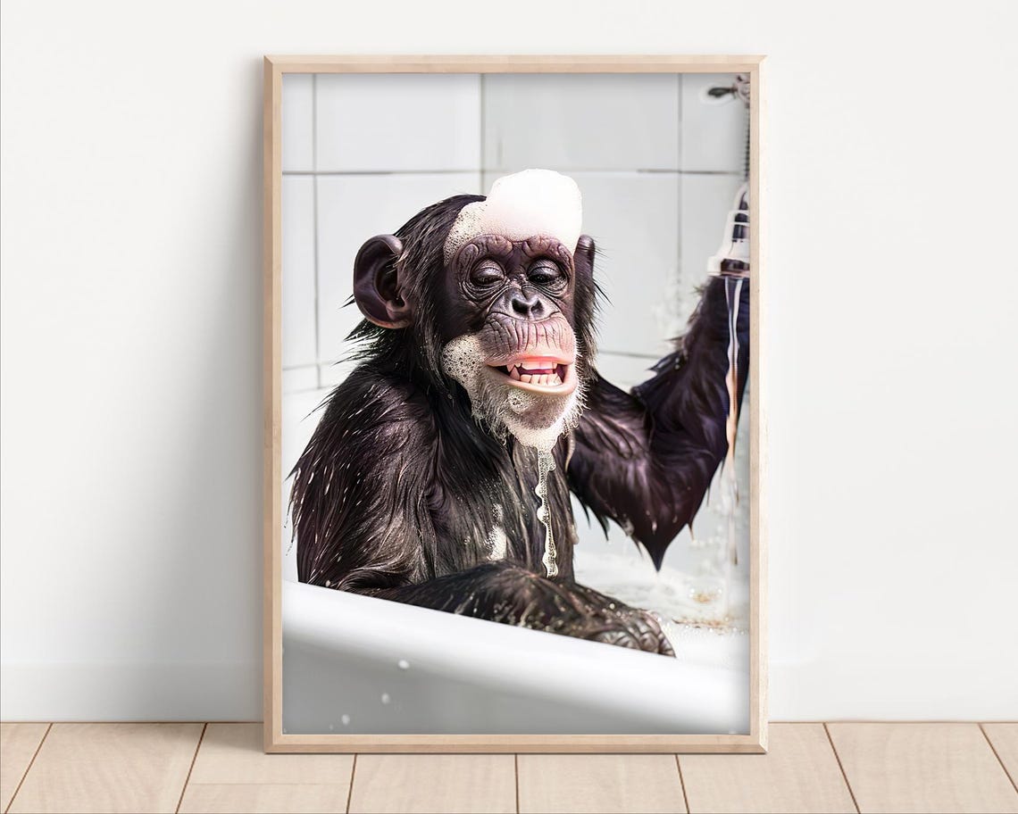 Grinning Chimpanzee Relaxing in a Bubble Bath with Suds Poster