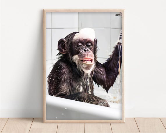 Funny Chimpanzee Ape In Bubble Bath Wall Art Animals Bathtub Poster Canvas Quirky Laundry Room Decor Cute Kids Humor Print Home Spa