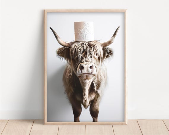 Funny Highland Cow Toilet Paper Roll Poster, Bathroom Decor