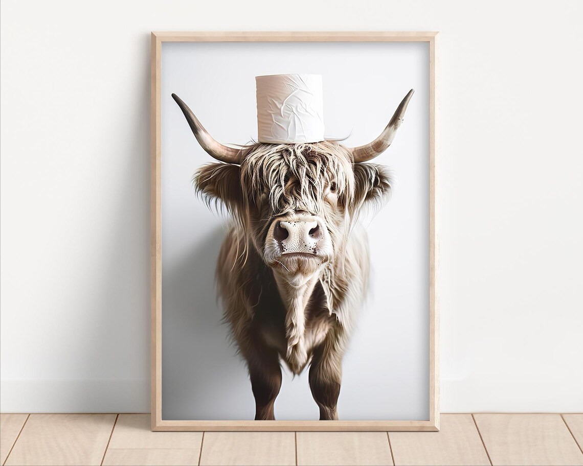 Funny Highland Cow Toilet Paper Roll Poster, Bathroom Decor