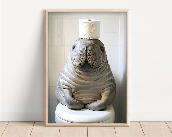 Manatee With Toilet Paper Funny Bathroom Art Print