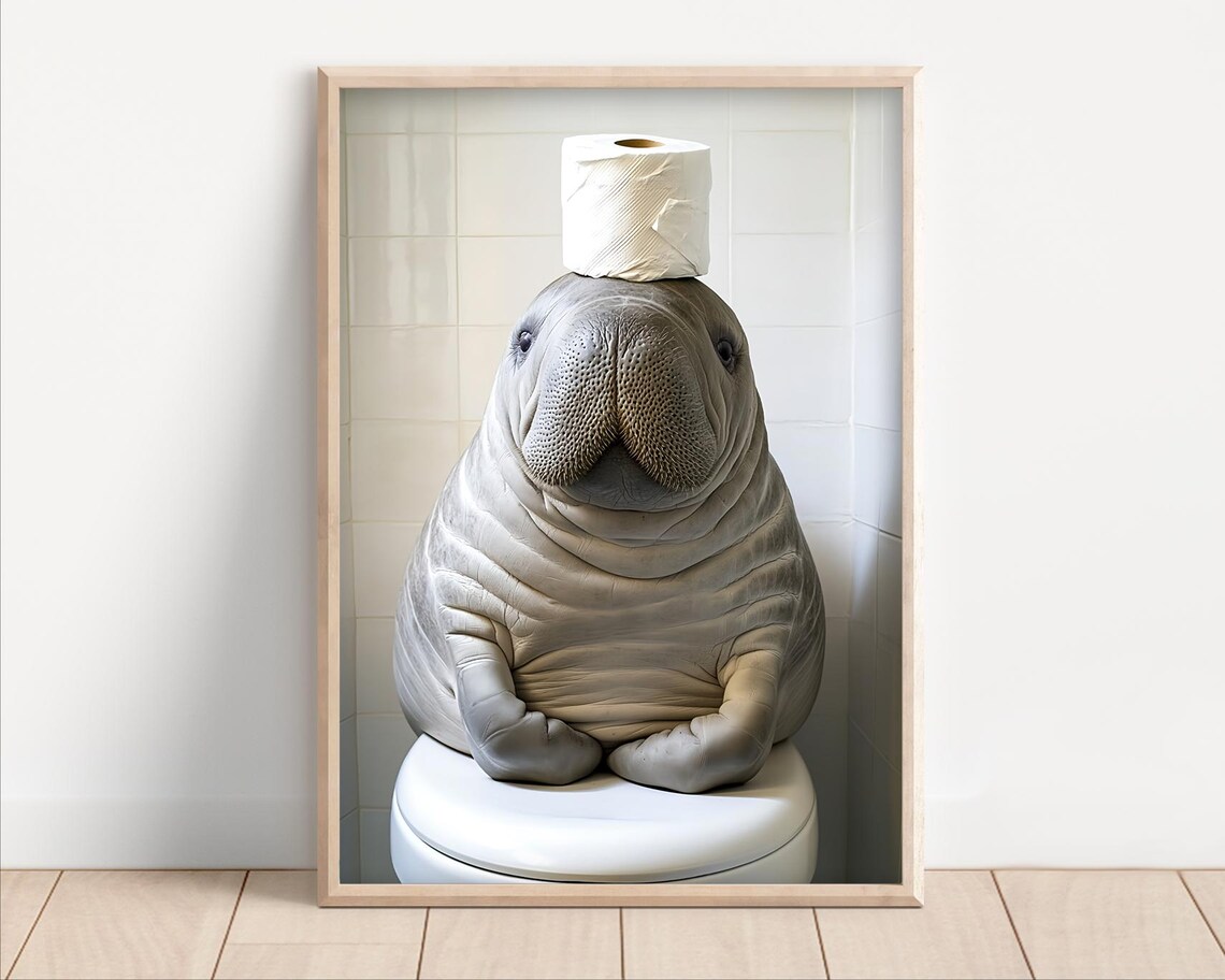 Manatee With Toilet Paper Funny Bathroom Art Print