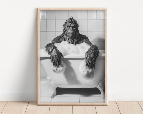 Sasquatch Taking A Bubble Bath Poster Or Canvas Funny Bathroom Wall Art Animals In Bathtub Cute Kids Laundry Room Decor Bigfoot Print