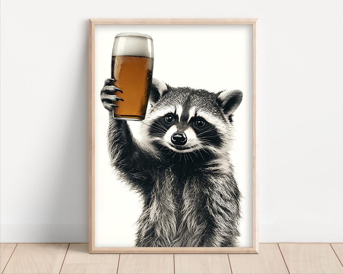 Raccoon Drinking Beer Funny Kitchen Wall Art Print