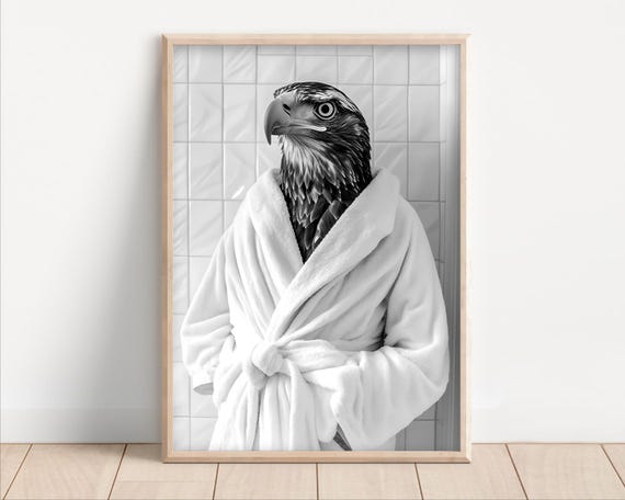 Eagle Wearing A Bathrobe Poster Or Canvas Funny Bathroom Wall Art Cute Animals In Kids Laundry Room Decor Print