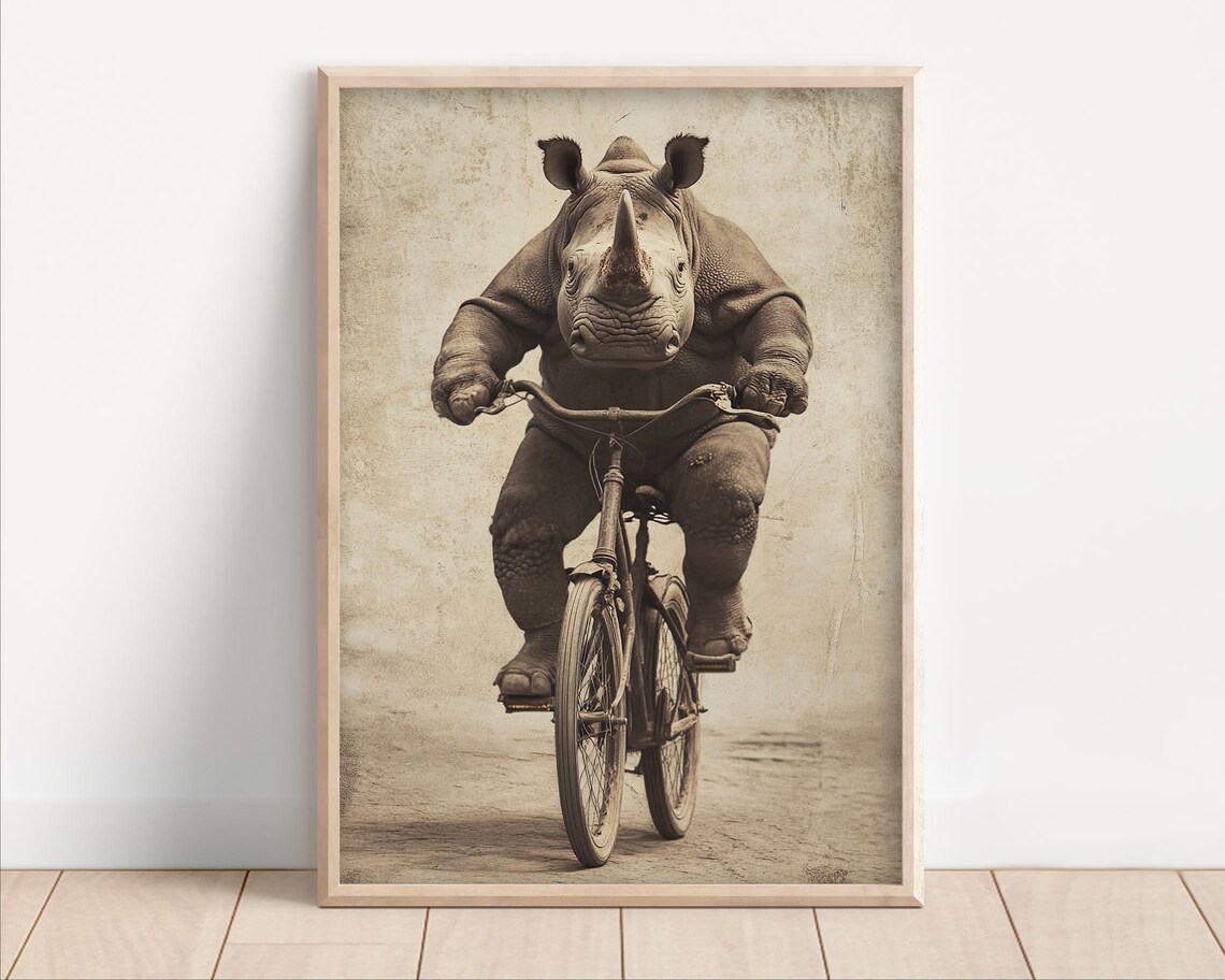 Mighty Rhino Riding Old Bicycle Vintage Sepia Retro Funny Poster