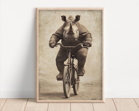 Mighty Rhino Riding Old Bicycle Vintage Sepia Retro Funny Poster