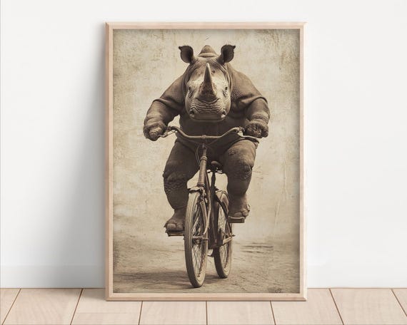 Rhino Riding A Bike Poster Or Canvas Funny Animal Wall Art Retro Vintage Style Home Decor Cute Kids Nursery Room Print Quirky Humor