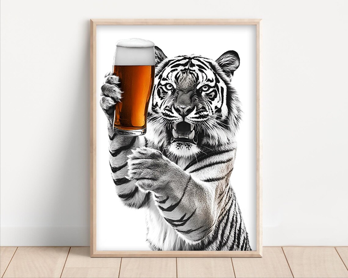 Funny Wild Fierce Tiger Raising Amber Beer Glass In Toast Poster