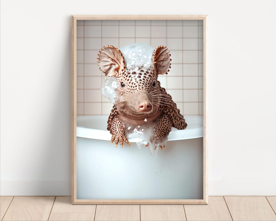 Armadillo Taking A Bubble Bath Poster Canvas Funny Bathroom Wall Art Animals In Bathtub Cute Laundry Room Decor Kids Nursery Print