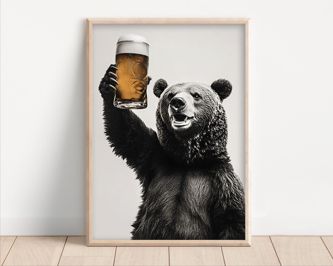 Bear Drinking Beer Retro Kitchen Art Print