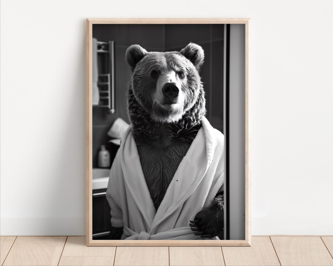 Bear Wearing A Bathrobe Poster Or Canvas Funny Bathroom Wall Art Cute Animals In Kids Laundry Room Decor Print
