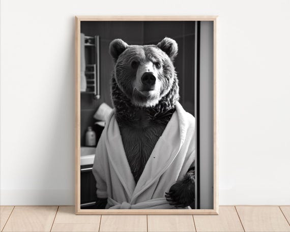 Bear Wearing A Bathrobe Poster Or Canvas Funny Bathroom Wall Art Cute Animals In Kids Laundry Room Decor Print