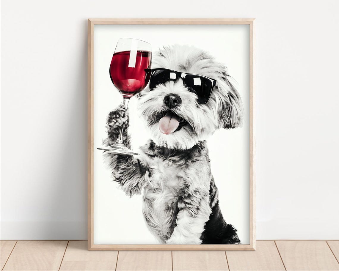 Havanese Dog Drinking Red Wine in Sunglasses Funny Pet Poster