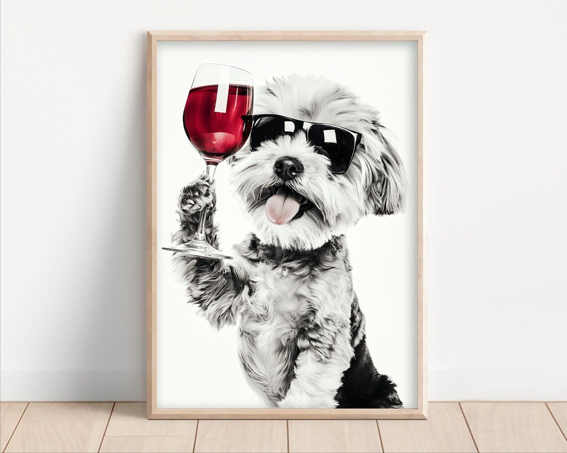 Havanese Dog Drinking Wine Wearing Sunglasses Poster Or Canvas Lover Decor Funny Kitchen Wall Art Humor Dining Room