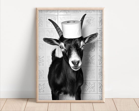 Goat With Toilet Paper On Poster Or Canvas Funny Bathroom Wall Art Kids Laundry Room Decor Animal Humor Photo Cute Print