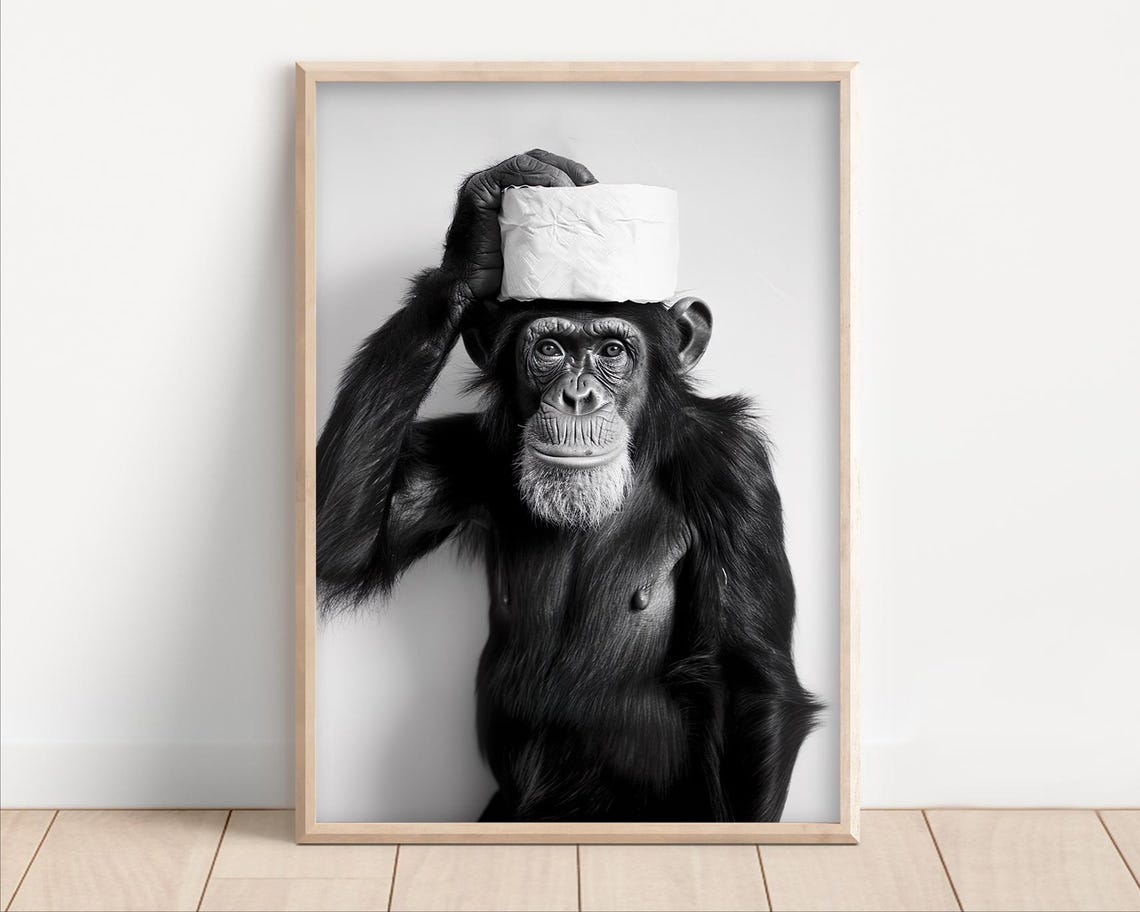 Funny Chimpanzee Balancing Toilet Paper Roll on Head Bathroom Poster