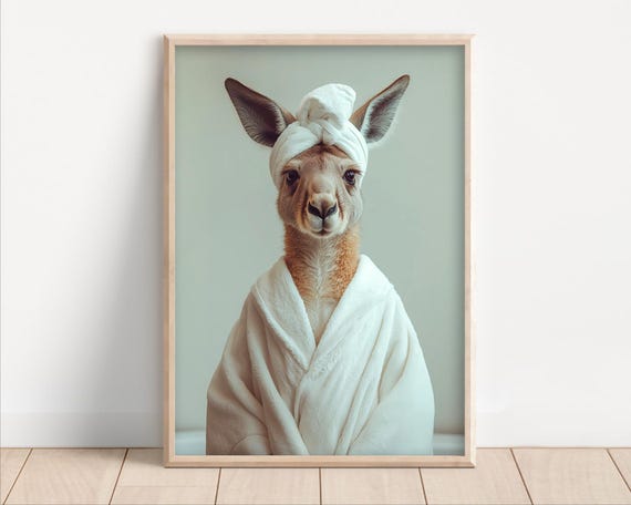 Kangaroo Wearing A Bathrobe Poster Or Canvas Funny Bathroom Wall Art Kids Cute Laundry Room Decor Bath Towel On Animal Humor Photo