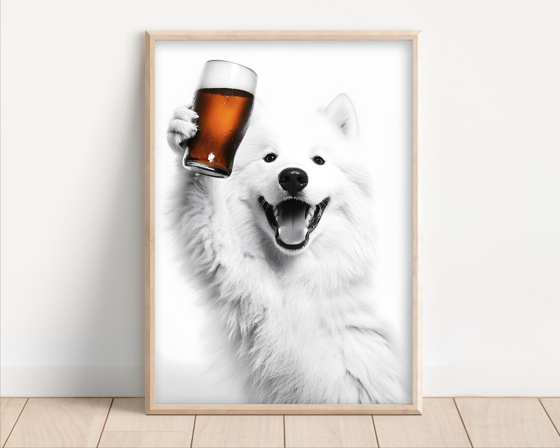 Samoyed Dog Drinking Beer Humor Art Print