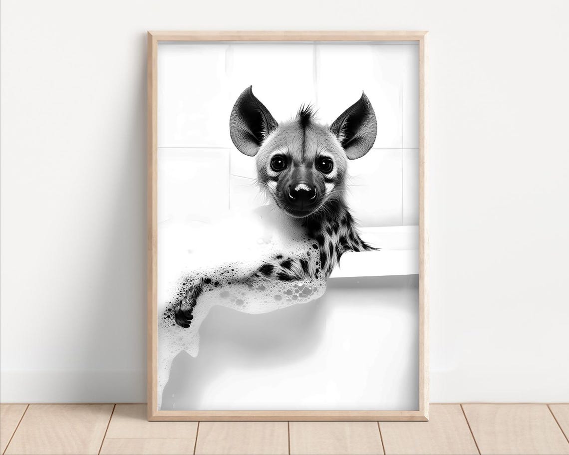 Baby Hyena in a Bubble Bath Funny Black and White Animal Wall Art